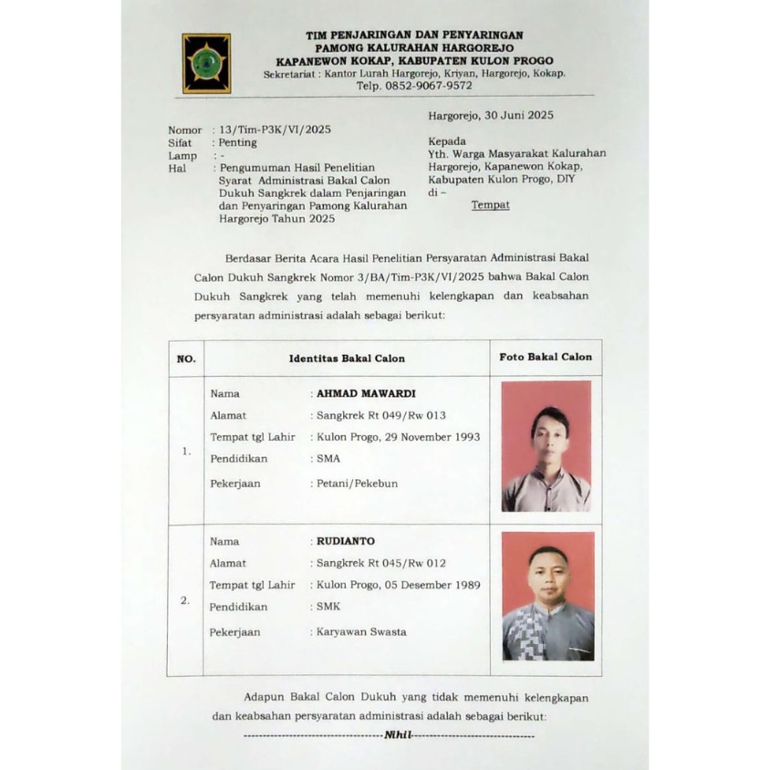 Proses Seleksi Dukuh Sangkrek  Masuk Tahap Penelitian Administrasi dan Klarifikasi